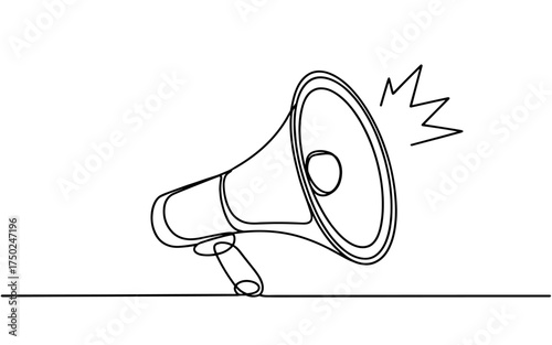 Minimalist one line vector illustration of a public horn speaker, symbolizing announcement, communication, alert, and sound broadcasting.