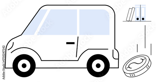 Compact car beside documents and falling coin suggesting financial transactions, investment, and vehicle ownership. Ideal for themes thumbs up transportation, economy, finance, savings, insurance