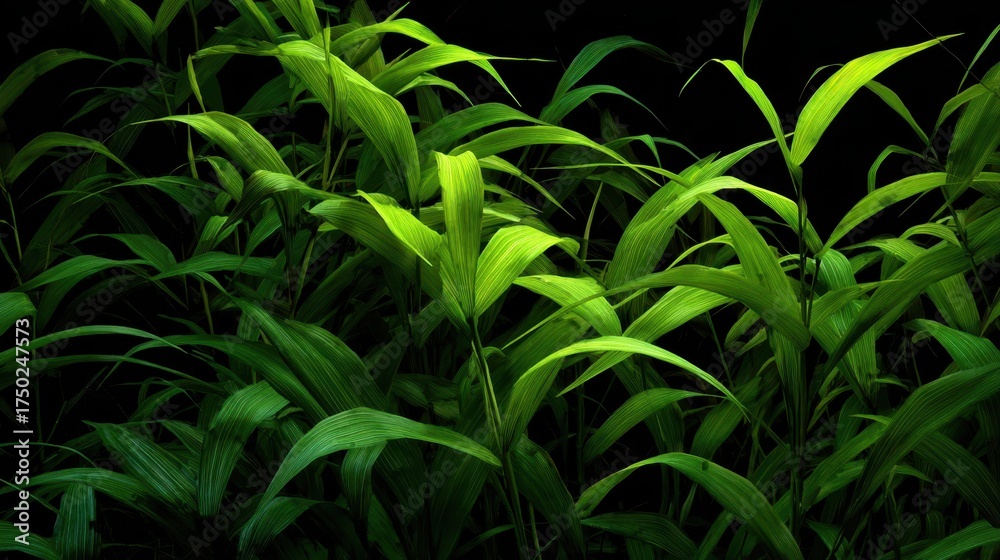 Fototapeta premium Lush Green Leaves on Dark Background in Natural Light