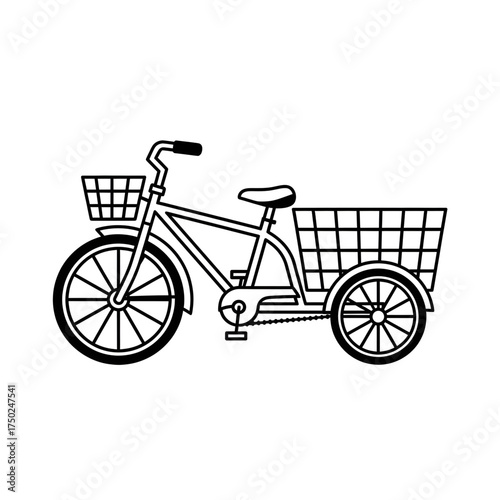 Black and white line art illustration of a cargo tricycle with front and rear baskets, vintage style delivery bike icon for transportation and logistics design