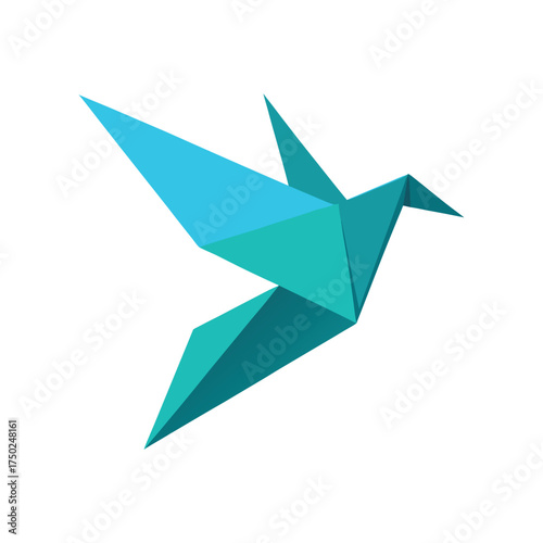 Geometric origami bird in flight, teal blue paper folded sculpture flying gracefully