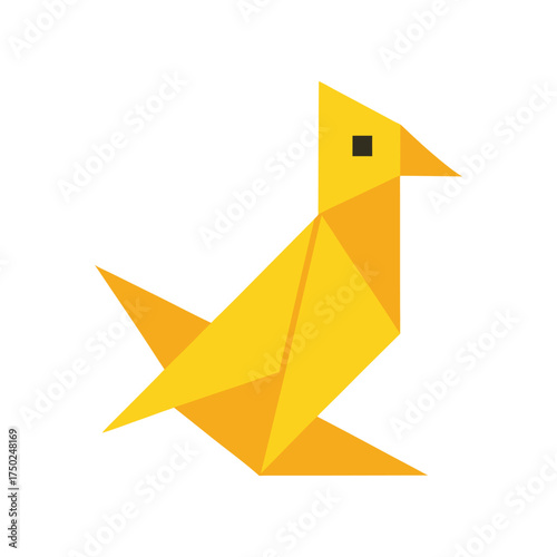 Bright yellow origami bird sitting poised and elegant paper folding art detail