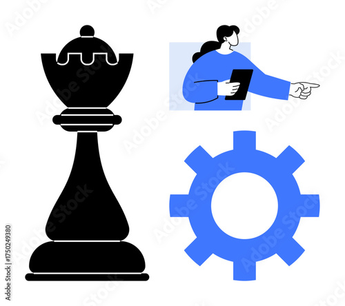 Chess piece for strategy, cogwheel for process, and person pointing symbolize leadership, teamwork, innovation, and operational planning. Ideal for business, coaching, collaboration problem solving