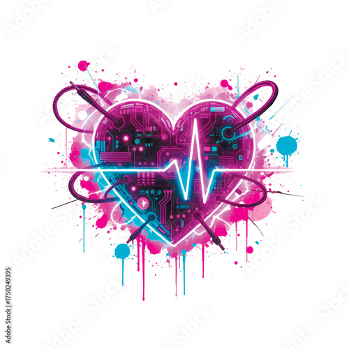 Vector image of a cybernetic heart with a circuit board pattern and ECG line, glowing in neon pink and blue, surrounded by paint splatters and cables. Tech love concept.