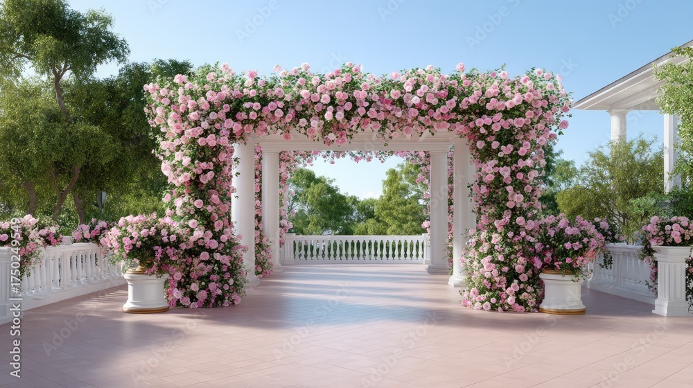 Fototapeta premium Romantic garden arch adorned with blooming pink roses in a serene outdoor setting under a clear blue sky