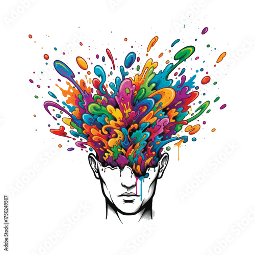 Vector illustration of a head exploding with a vibrant burst of colorful liquid, representing creativity and ideas. Pop art style.