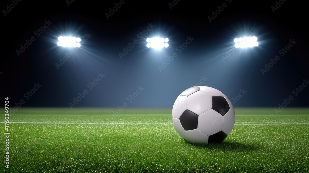 Naklejka premium Soccer Ball on Green Field with Spotlight Beams in a Nighttime Sports Setting