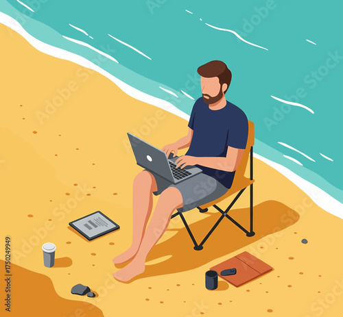 A freelancer enjoys the digital nomad lifestyle, working on a laptop from a chair on a sandy beach by the sea, an isometric illustration concept