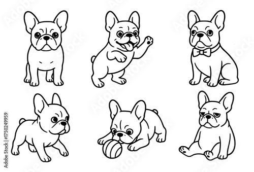 Vector outline for coloring, collection of 6 French Bulldog