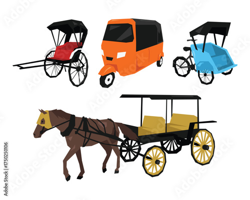 Vector set of traditional vehicles. Tuktuk, jinrikisha, pedicab, and horse-drawn carriage. Flat illustration geometric shape.