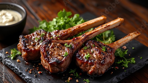 Grilled lamb chops garnished with herbs, served on a black stone platter alongside a bowl of dipping sauce.