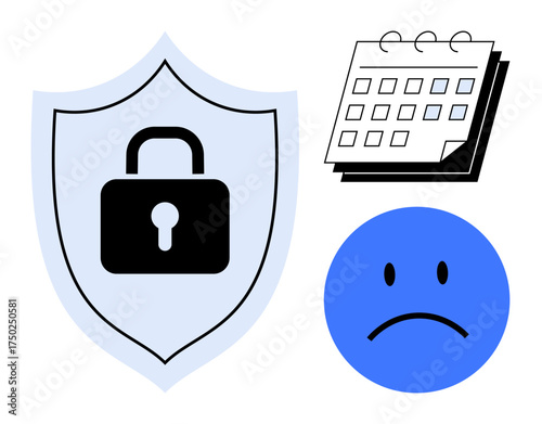 Shield with lock, calendar, sad face emphasizing data protection, security breaches. Ideal for privacy, security, technology, risk management deadlines compliance cybersecurity. A simple flat