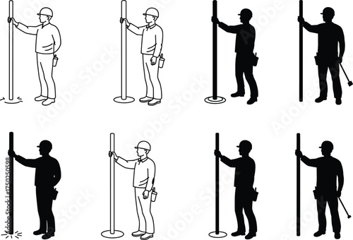 Construction worker silhouette, pole installation, safety gear, hard hat vector, black illustration, industrial pose, equipment handling, work scene