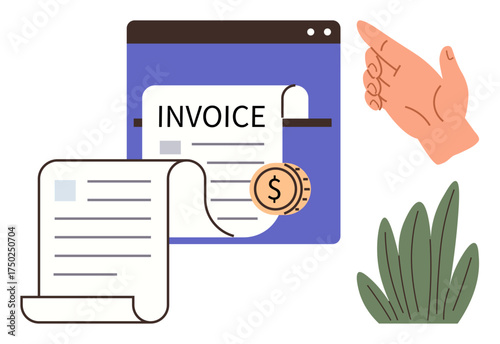 Online invoice document, dollar coin, browser window, hand gesture, green plant. Ideal for finance, payment tracking, accounting, e-commerce order management billing systems simple flat metaphor