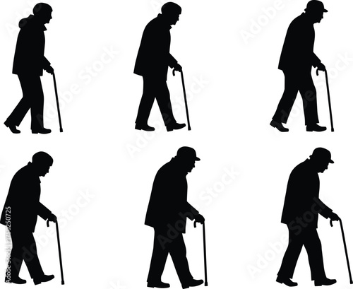 Elderly walking, senior silhouettes, cane support, aging posture, mobility aid, black vector, old man profile, healthcare concept