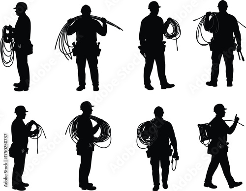Electrician silhouette, construction worker with tools, black vector, hard hat pose, cable handling, labor gear, technical occupation