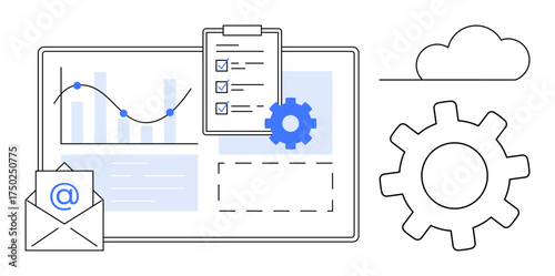 Analytics chart, checklist clipboard, email envelope, gear, and cloud outline. Ideal for productivity, workflow, planning, automation cloud storage digital communication simple flat metaphor