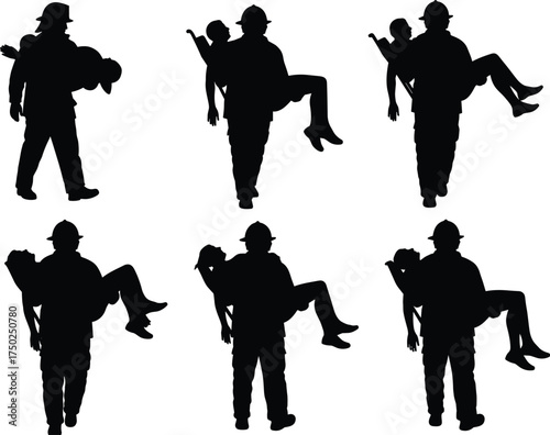 Firefighter rescue, hero silhouette, emergency response, carrying victim, black vector, safety concept, first responder, dramatic pose