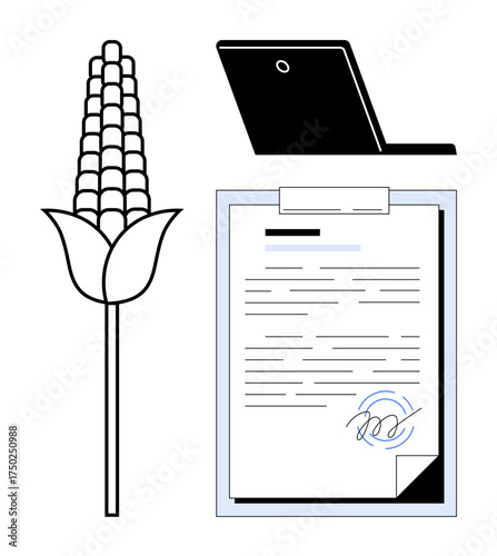 Corn plant, laptop, and signed document clipboard symbolizing agriculture, digital agreements, and technology integration. Ideal for farming, agribusiness innovation, agreements, digital