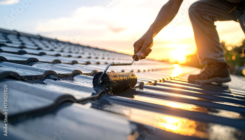 夕陽に照らされながらローラーで丁寧に屋根塗装を行う職人のビジネス現場の美しい瞬間
