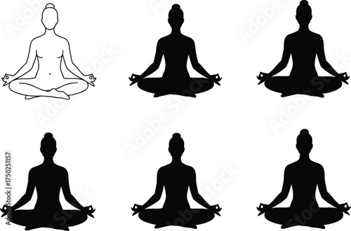 Lotus yoga pose silhouette set, meditation figure vector, black illustration, mindfulness posture, spiritual practice, seated balance