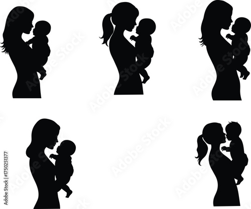 Mother holding baby, maternal care, woman silhouette, black vector, nurturing pose, motherhood concept, child bonding, profile view