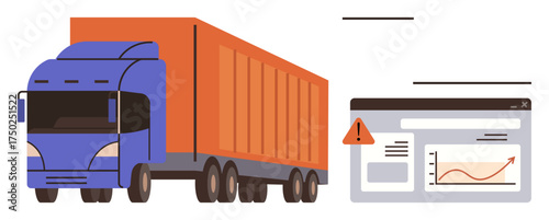 Blue semi-truck alongside dashboard with alert and growth chart. Ideal for logistics, transportation, supply chain, fleet management, analytics, technology integration, efficiency. Simple flat
