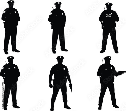 Police officer silhouette set, tactical gear pose, black vector, handgun and rifle stance, law enforcement, patrol figure