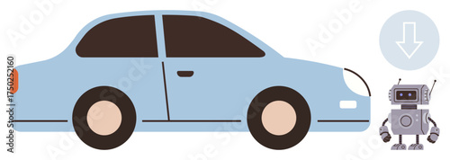 Blue sedan paired with small robot assistant under arrow, representing smart technology, automation, AI, transportation innovation, customer support, robotics integration, future mobility. Ideal