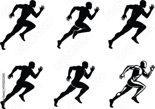 Running silhouette, athlete motion, black vector, sprint pose, muscle detail, sports concept, dynamic action, fitness illustration