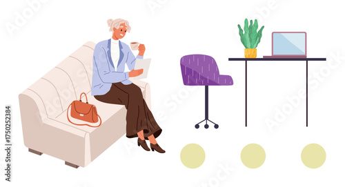 Woman sits on sofa holding coffee and tablet. Nearby is a workspace featuring a chair, desk, laptop, and plant. Ideal for modern lifestyle, remote work, balance, relaxation multitasking home