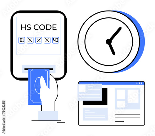 Hand inserting cash into a machine, HS code interface, clock, and webpage layout. Ideal for trade, customs, finance, payment logistics e-commerce supply chain. Simple flat metaphor