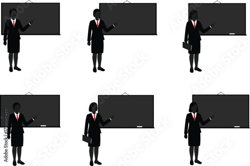 Teacher silhouette, business presenter, blackboard vector, man in suit, red tie, education concept, classroom illustration, lecture pose