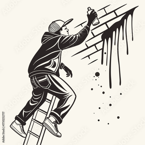 Graffiti artist spraying paint on a brick wall from a ladder