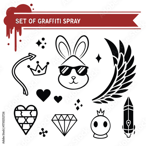 Graffiti Elements with Bunny and Winged Skull spray can