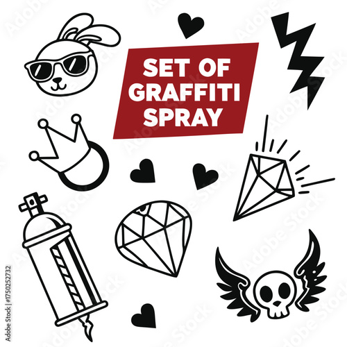 Graffiti Icons Including Bunny, Skull, and Spray Can