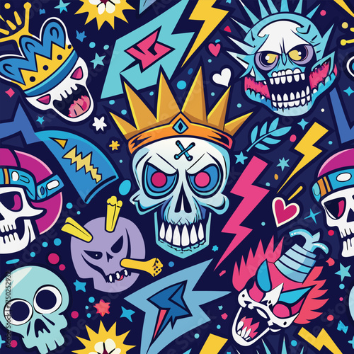 Punk Rock Skull and Crown Seamless Pattern lightning bolt
