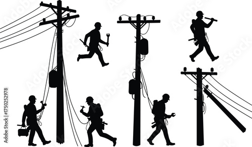 Utility pole worker silhouette, electrical maintenance, black vector, technician with tools, infrastructure repair, safety gear, field labor