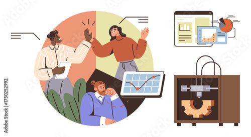Employees brainstorming with high-fives, data analyzing screens, and a working 3D printer. Ideal for collaboration, technology, innovation, teamwork, analytics, creativity education simple flat