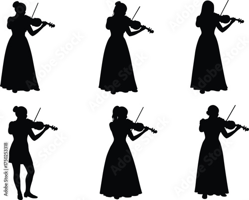 Violin player silhouette, musician pose, black vector, classical music, woman with violin, performance concept, artistic stance