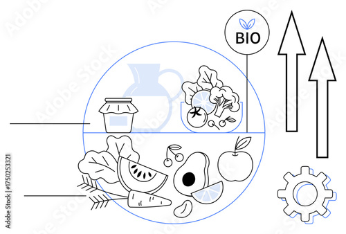 Fresh fruits, vegetables, jam jar in focus with bio label, arrows, and gear. Ideal for health, sustainability, farming innovation eco-friendly trends growth green products. Simple flat metaphor