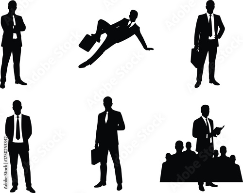 Businessman silhouette, office professional, briefcase poses, corporate vector, black suit, workplace concept, leadership stance, presentation scene