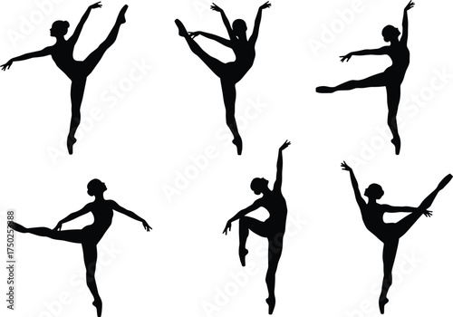 Ballet dancer silhouette set, graceful pose vector, black illustration, dance movement, extended leg, artistic balance, performance stance