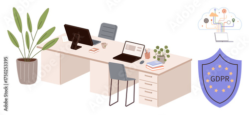 Office desk with computers, documents, plants, GDPR shield, and cloud technology diagram. Ideal for compliance, data security, privacy, office work technology business efficiency simple flat