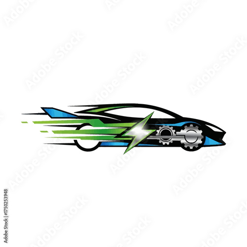 Sustainable speed identity. Glowing energy bolt and gear with a hybrid car. Use for web, print, marketing, and environmentally conscious racing clubs.