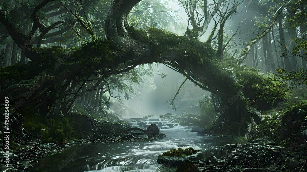 Fototapeta premium Fantasy forest with natural bridge made of giant