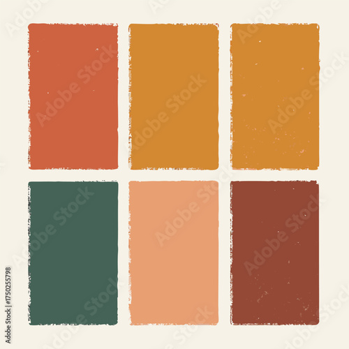 Six distressed color blocks with rough edges on a cream background