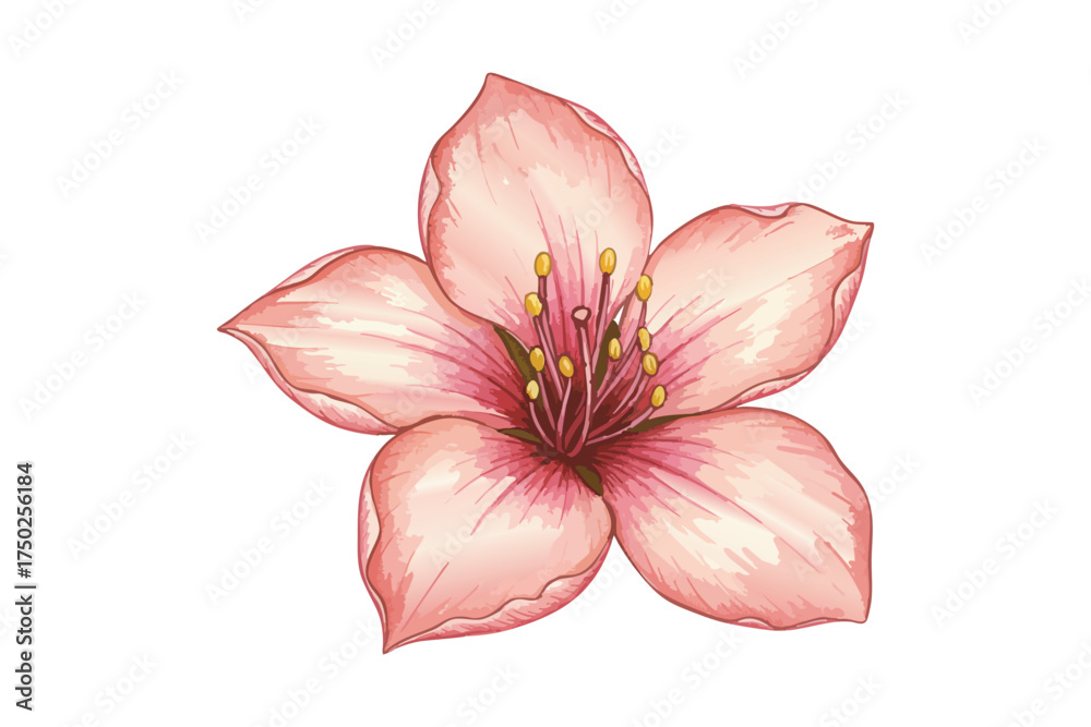 Fototapeta premium Cherry Blossom Pink Petals Yellow Stamens Watercolor Illustration
