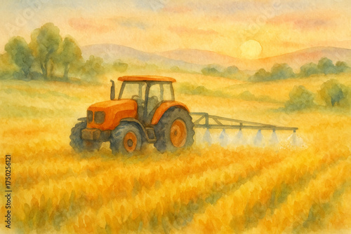 Watercolor illustration of orange tractor spraying crops in golden field at sunset   