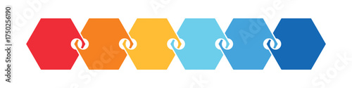 Colorful infographic hexagon shaped elements showing progression steps and linked chain process flow chart